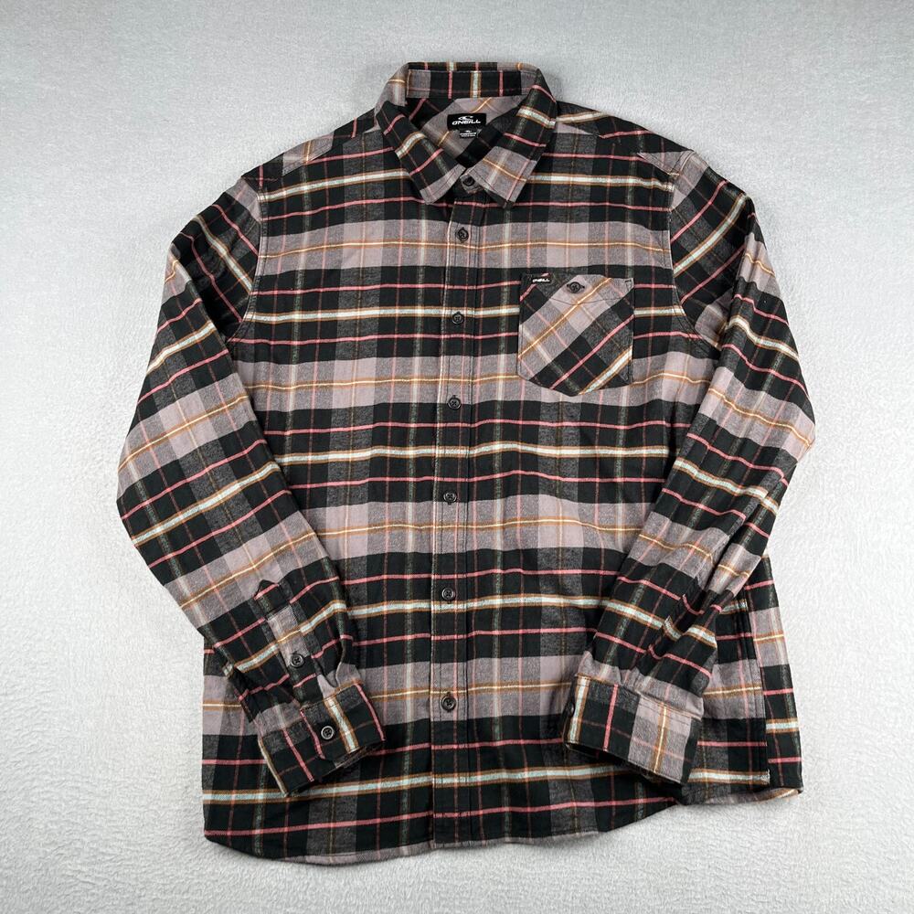 O'Neill Shirt XL Standard Fit Black Gray Plaid Flannel Button Up Long Sleeve Men